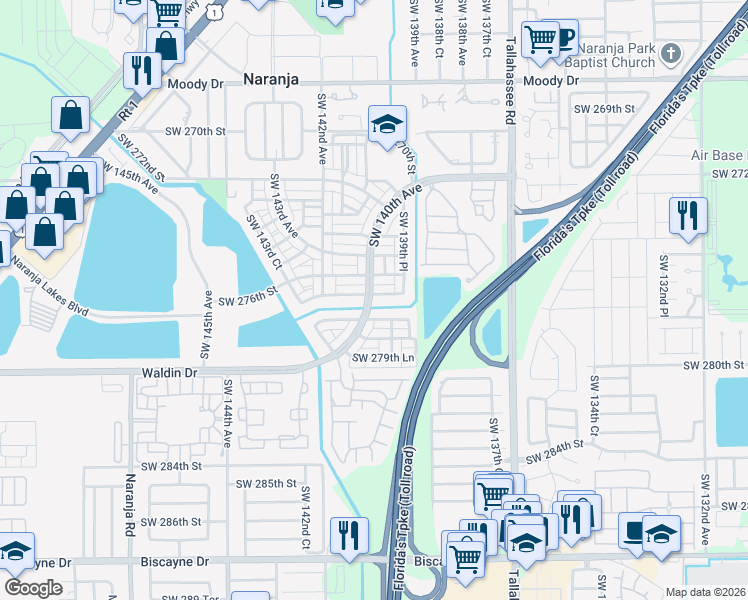 map of restaurants, bars, coffee shops, grocery stores, and more near 13961 Southwest 278th Street in Homestead