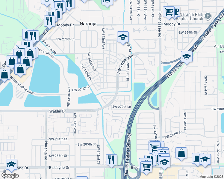 map of restaurants, bars, coffee shops, grocery stores, and more near 14035 Southwest 278th Street in Homestead