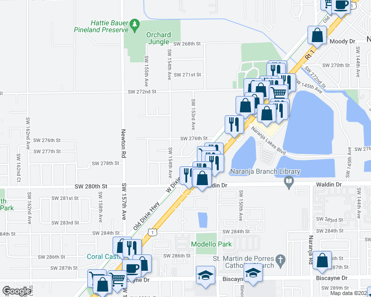 map of restaurants, bars, coffee shops, grocery stores, and more near 27701 Southwest 152nd Court in Homestead