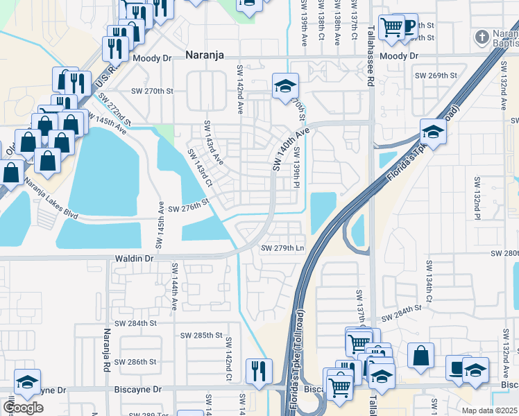 map of restaurants, bars, coffee shops, grocery stores, and more near 14035 Southwest 278th Street in Homestead