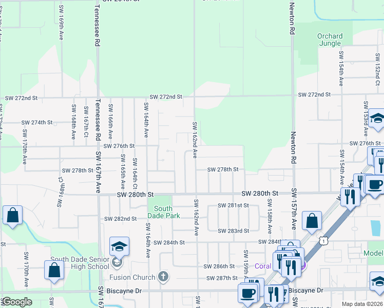 map of restaurants, bars, coffee shops, grocery stores, and more near 27701 Southwest 162nd Court in Homestead