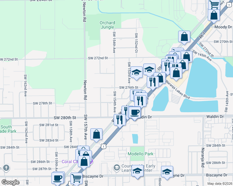 map of restaurants, bars, coffee shops, grocery stores, and more near 15341 Southwest 277th Terrace in Homestead