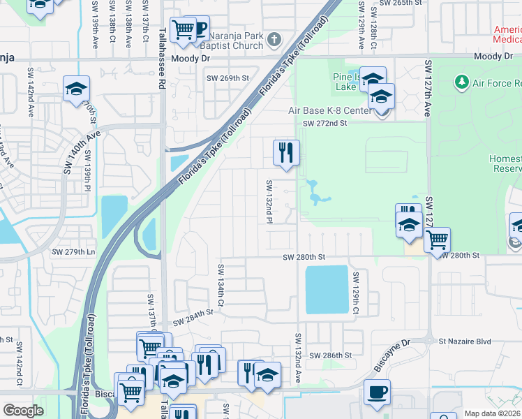 map of restaurants, bars, coffee shops, grocery stores, and more near 13279 Southwest 278th Street in Homestead