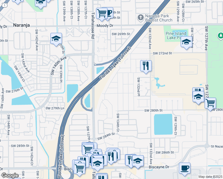 map of restaurants, bars, coffee shops, grocery stores, and more near 27660 Southwest 135th Avenue Road in Homestead