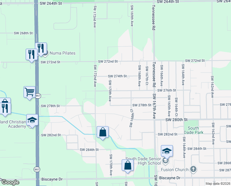 map of restaurants, bars, coffee shops, grocery stores, and more near 16960 Southwest 276th Street in Homestead
