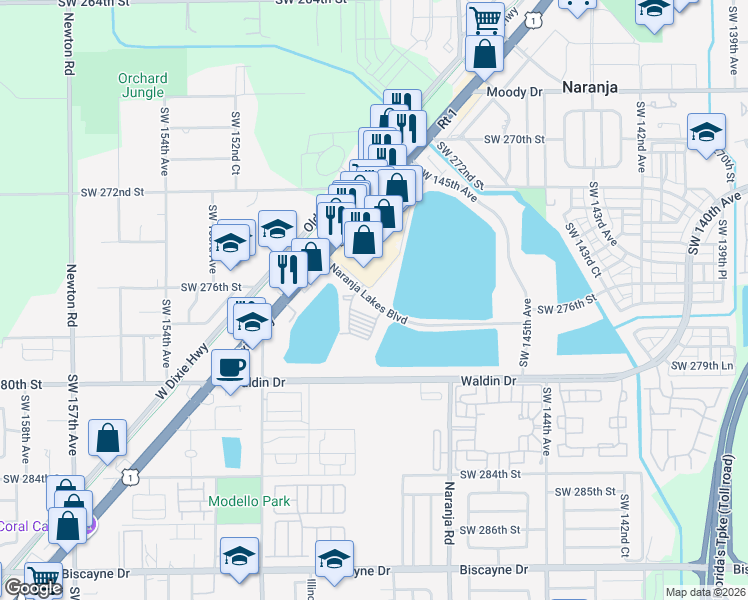 map of restaurants, bars, coffee shops, grocery stores, and more near 27455 Naranja Lakes Boulevard in Naranja