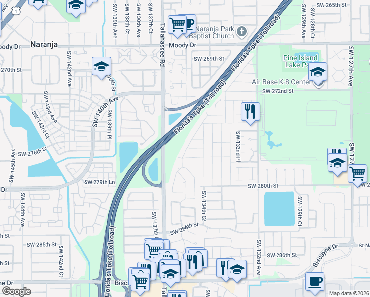 map of restaurants, bars, coffee shops, grocery stores, and more near 27660 Southwest 135th Avenue Road in Homestead