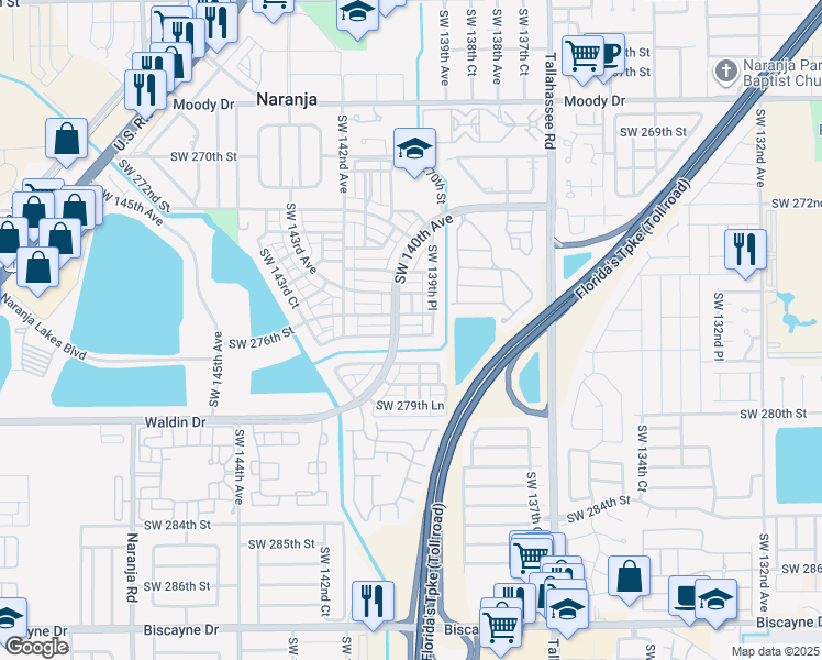 map of restaurants, bars, coffee shops, grocery stores, and more near 13966 Southwest 276th Street in Homestead