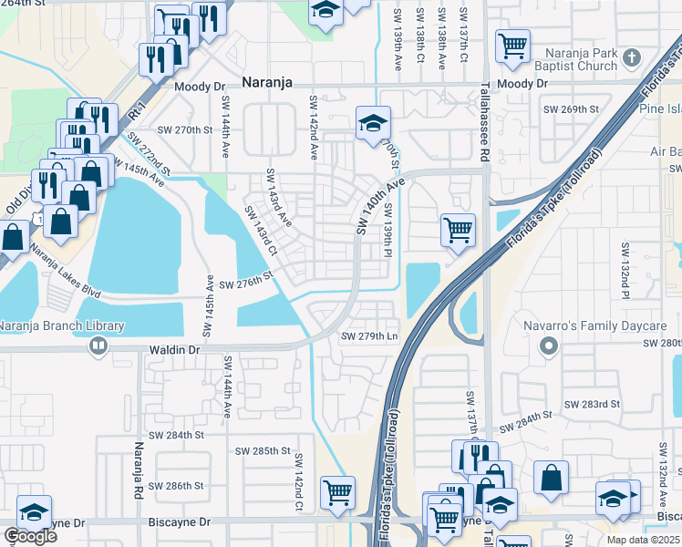 map of restaurants, bars, coffee shops, grocery stores, and more near 14043 Southwest 276th Way in Homestead