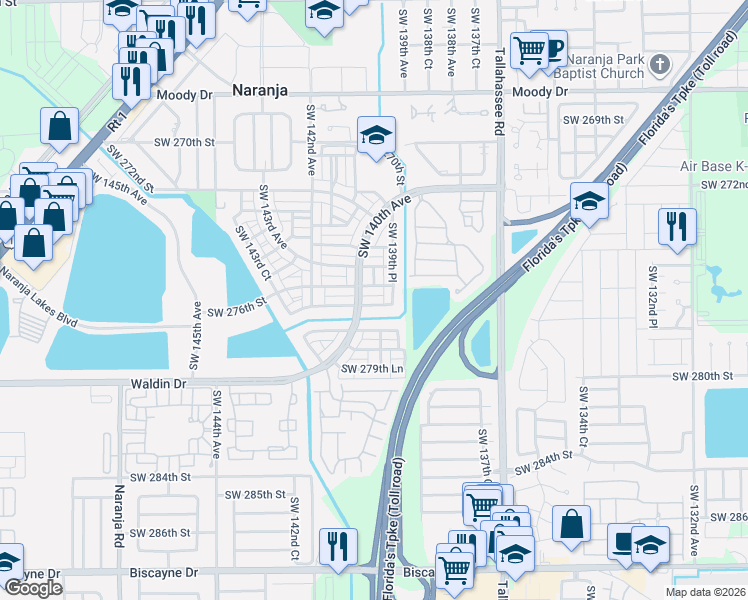map of restaurants, bars, coffee shops, grocery stores, and more near 13966 Southwest 276th Street in Homestead