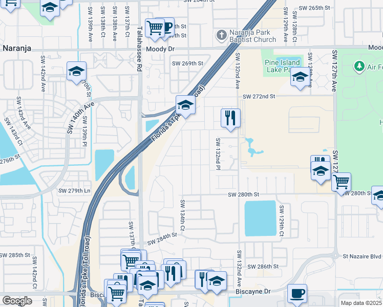 map of restaurants, bars, coffee shops, grocery stores, and more near 27606 Southwest 133rd Place in Homestead