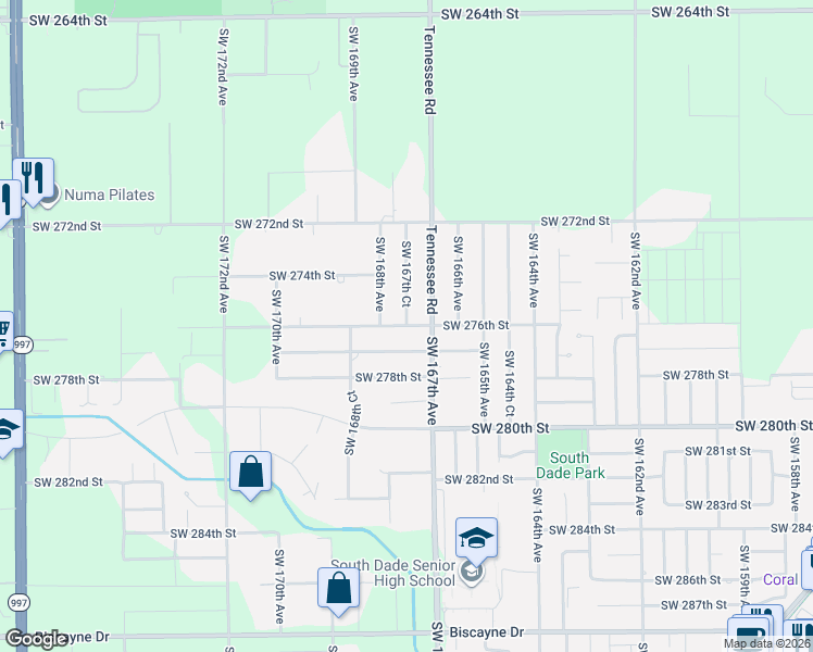 map of restaurants, bars, coffee shops, grocery stores, and more near 27575 Southwest 168th Avenue in Homestead