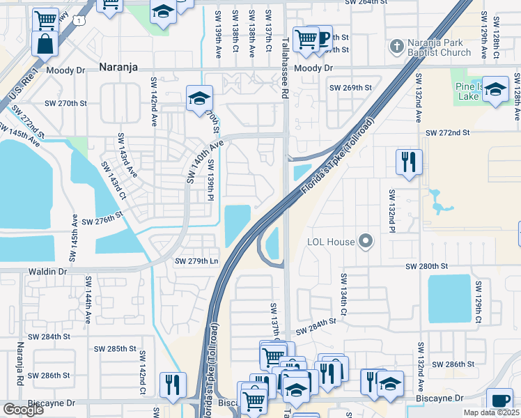 map of restaurants, bars, coffee shops, grocery stores, and more near 13790 Southwest 276th Street in Homestead