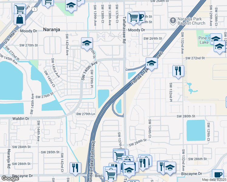map of restaurants, bars, coffee shops, grocery stores, and more near 13790 Southwest 276th Street in Homestead