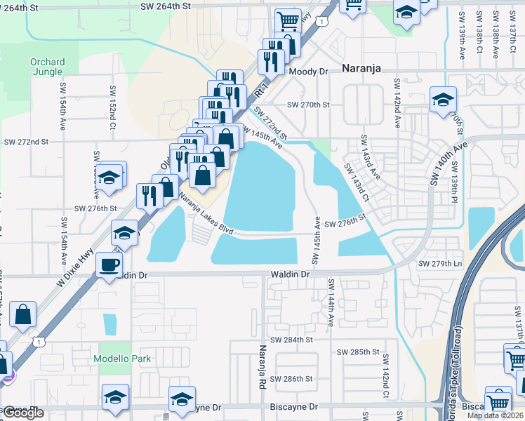map of restaurants, bars, coffee shops, grocery stores, and more near 27641 Southwest 145th Avenue in Homestead