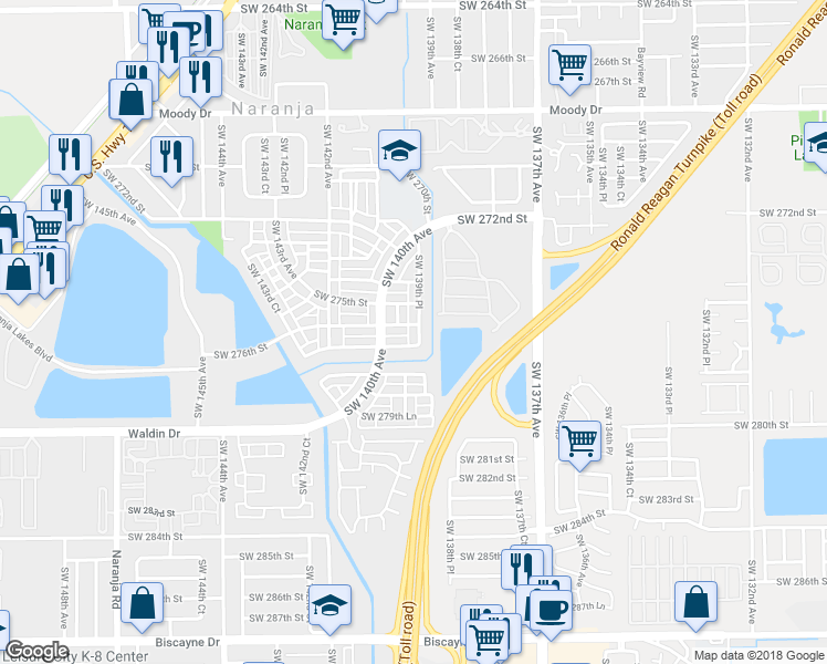 map of restaurants, bars, coffee shops, grocery stores, and more near 27622 Southwest 139th Place in Homestead
