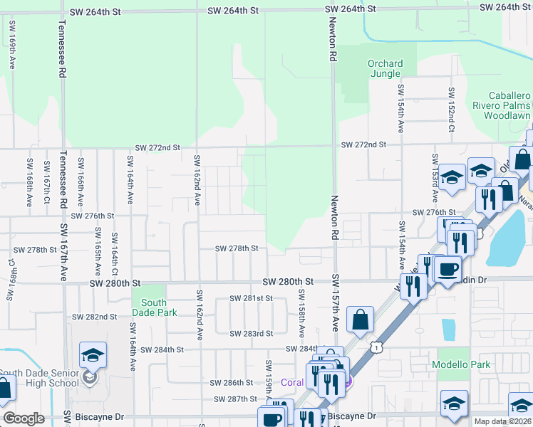 map of restaurants, bars, coffee shops, grocery stores, and more near SW 278th St in Homestead