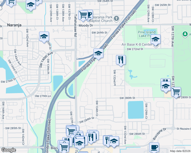 map of restaurants, bars, coffee shops, grocery stores, and more near 27642 Southwest 134th Court in Homestead