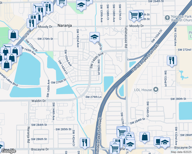 map of restaurants, bars, coffee shops, grocery stores, and more near 13966 Southwest 276th Street in Homestead