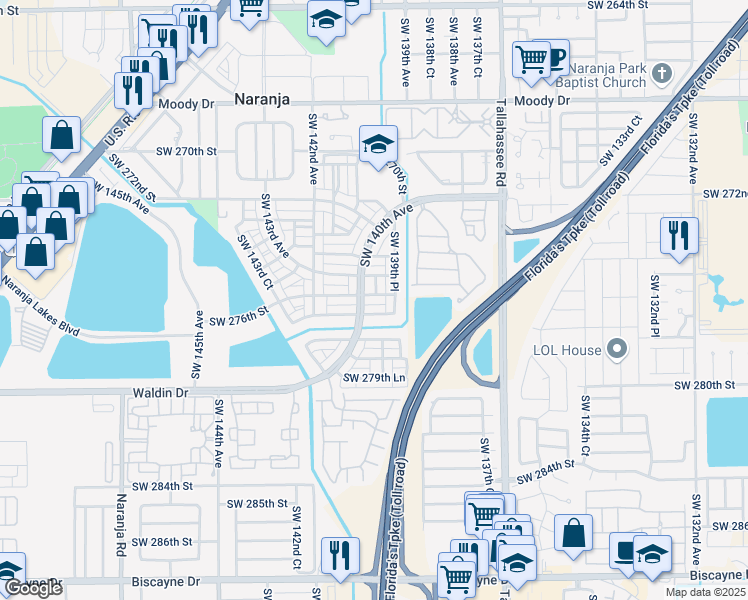 map of restaurants, bars, coffee shops, grocery stores, and more near 13966 Southwest 276th Street in Homestead