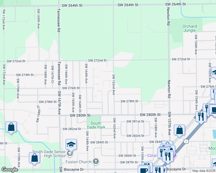 map of restaurants, bars, coffee shops, grocery stores, and more near 27562 Southwest 162nd Court in Homestead