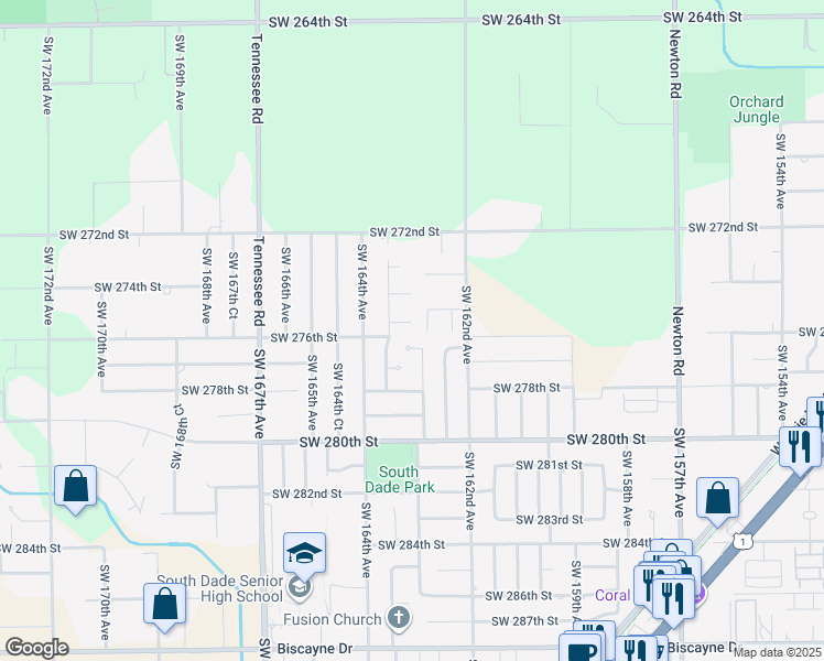 map of restaurants, bars, coffee shops, grocery stores, and more near 16334 Southwest 275th Terrace in Homestead