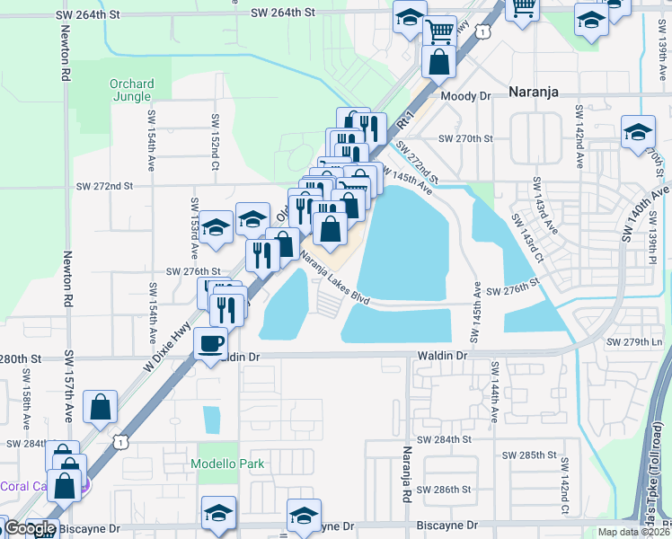 map of restaurants, bars, coffee shops, grocery stores, and more near 27455 Naranja Lakes Boulevard in Naranja