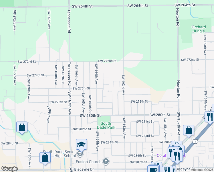 map of restaurants, bars, coffee shops, grocery stores, and more near 16334 Southwest 275th Terrace in Homestead