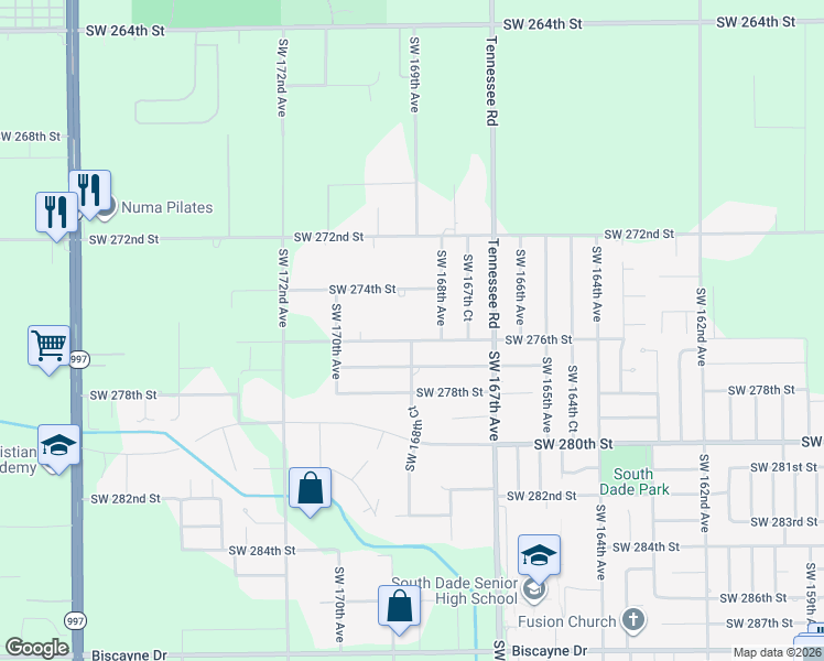 map of restaurants, bars, coffee shops, grocery stores, and more near 16861 Southwest 276th Street in Homestead