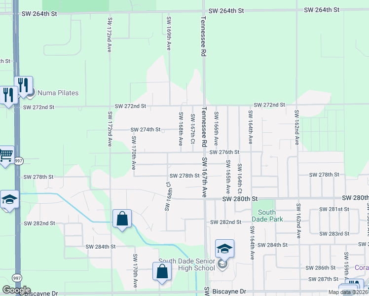 map of restaurants, bars, coffee shops, grocery stores, and more near 27575 Southwest 168th Avenue in Homestead
