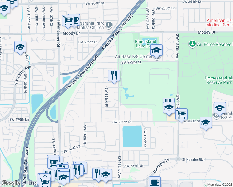 map of restaurants, bars, coffee shops, grocery stores, and more near 13200 Southwest 276th Terrace in Homestead