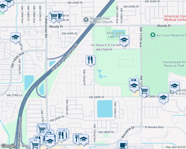 map of restaurants, bars, coffee shops, grocery stores, and more near 13200 Southwest 276th Terrace in Homestead