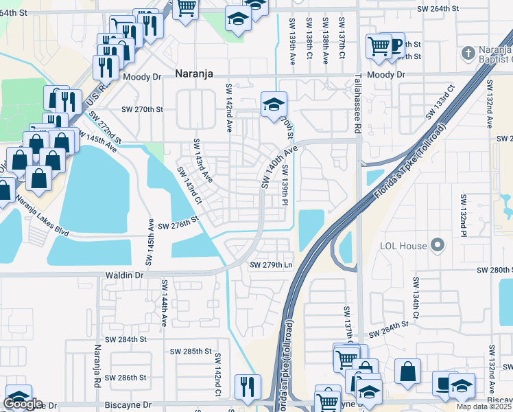 map of restaurants, bars, coffee shops, grocery stores, and more near 14092 Southwest 276th Street in Homestead