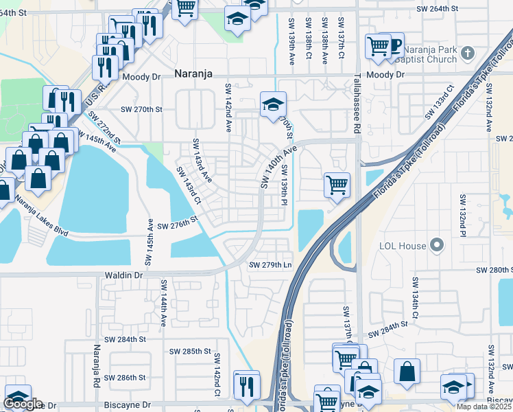 map of restaurants, bars, coffee shops, grocery stores, and more near 14092 Southwest 276th Street in Homestead