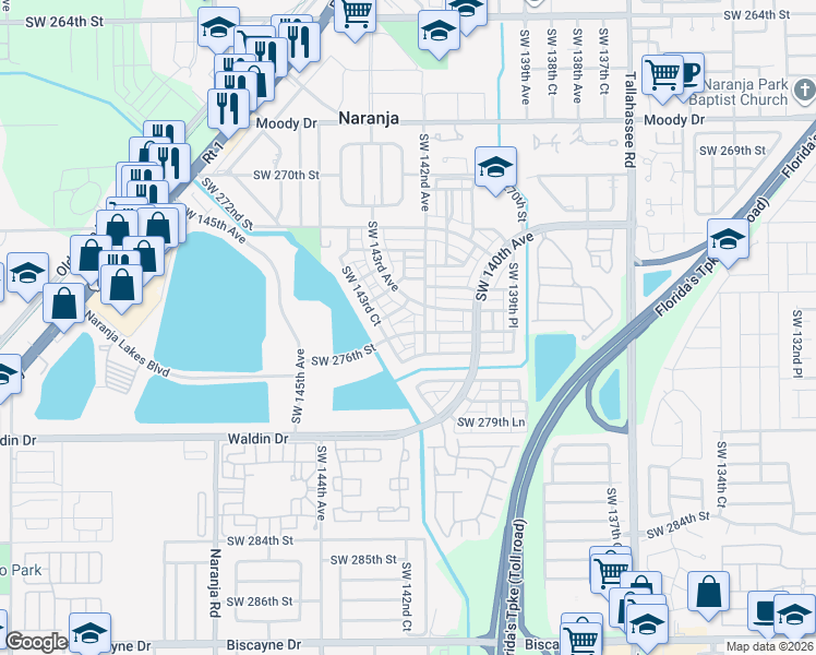 map of restaurants, bars, coffee shops, grocery stores, and more near 27606 Southwest 142nd Avenue in Homestead