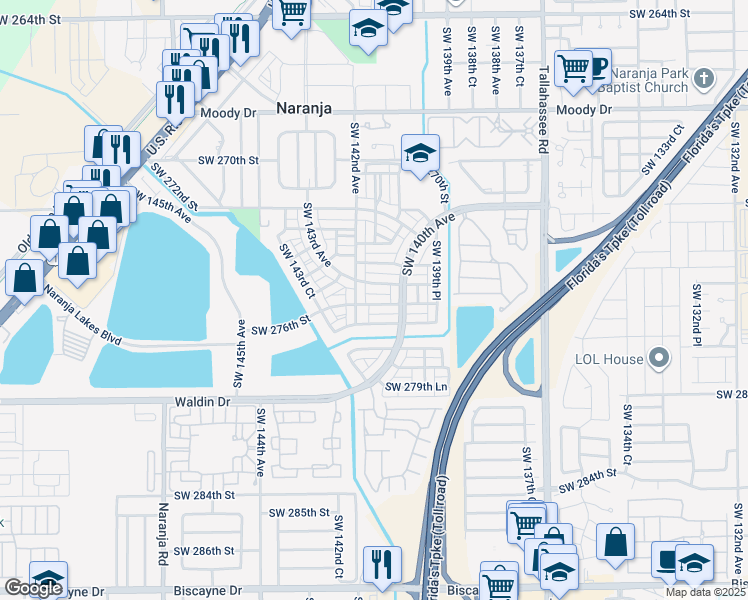 map of restaurants, bars, coffee shops, grocery stores, and more near 14092 Southwest 276th Street in Homestead
