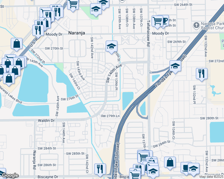 map of restaurants, bars, coffee shops, grocery stores, and more near 13966 Southwest 276th Street in Homestead