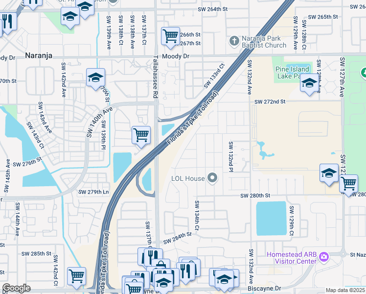 map of restaurants, bars, coffee shops, grocery stores, and more near 27660 Southwest 135th Avenue Road in Homestead
