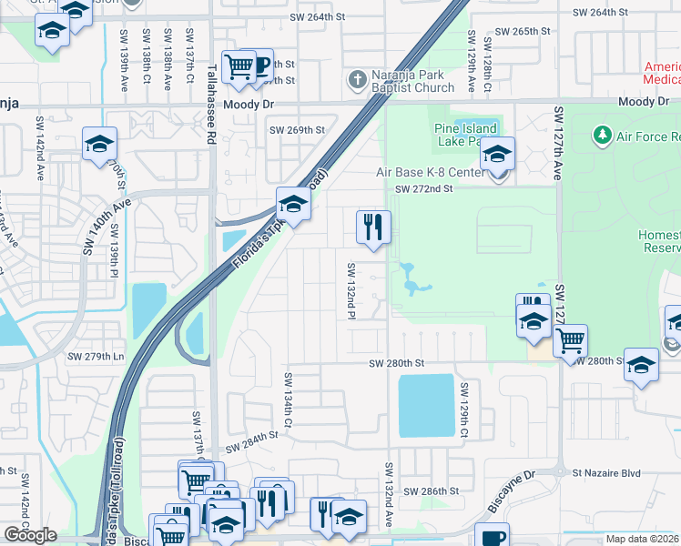 map of restaurants, bars, coffee shops, grocery stores, and more near 13275 Southwest 276th Lane in Homestead