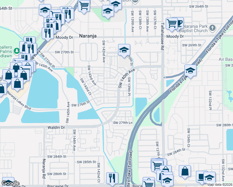 map of restaurants, bars, coffee shops, grocery stores, and more near 14092 Southwest 276th Street in Homestead