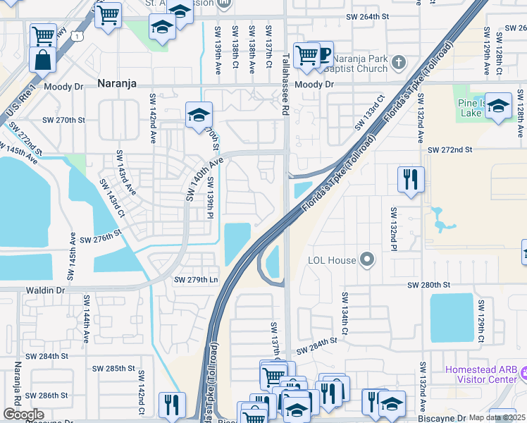 map of restaurants, bars, coffee shops, grocery stores, and more near 13790 Southwest 276th Street in Homestead