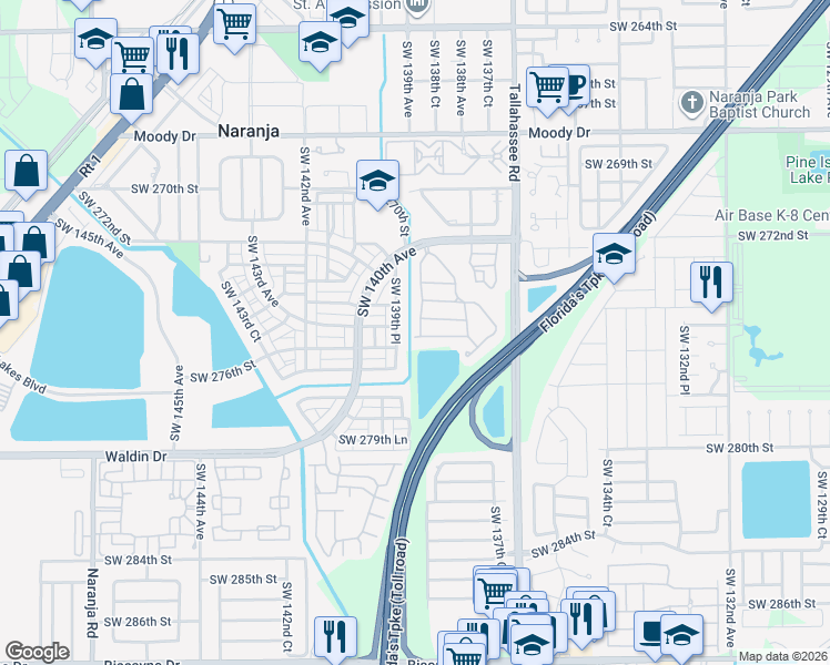 map of restaurants, bars, coffee shops, grocery stores, and more near 13882 Southwest 275th Terrace in Homestead