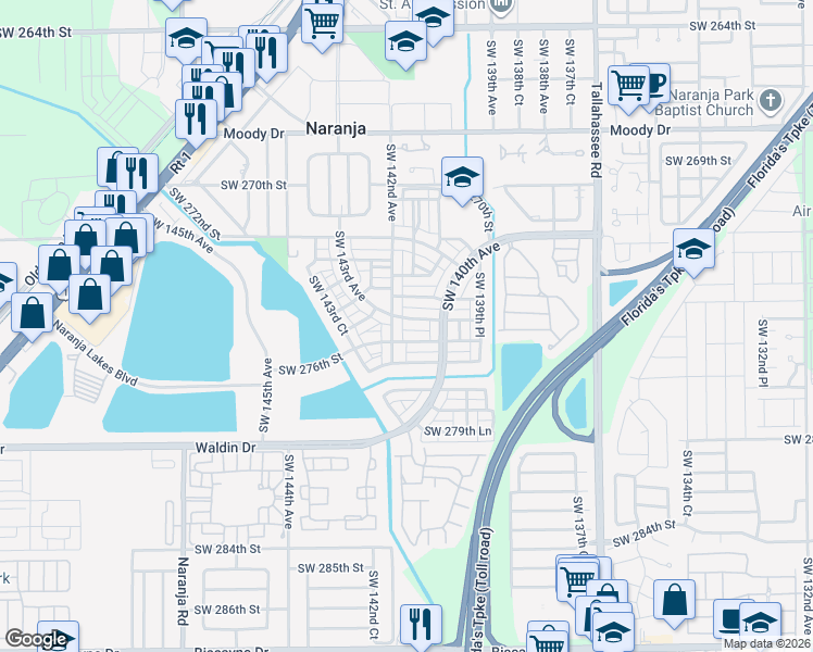 map of restaurants, bars, coffee shops, grocery stores, and more near 14092 Southwest 276th Street in Homestead