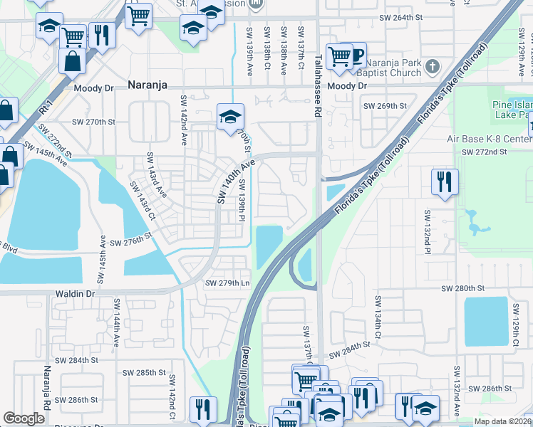 map of restaurants, bars, coffee shops, grocery stores, and more near 13818 Southwest 275th Terrace in Homestead