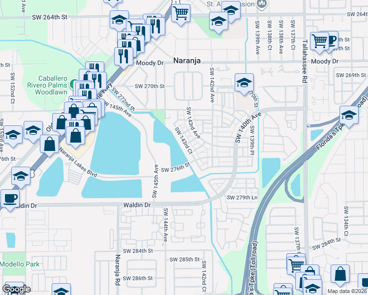 map of restaurants, bars, coffee shops, grocery stores, and more near 14323 Southwest 274th Way in Homestead