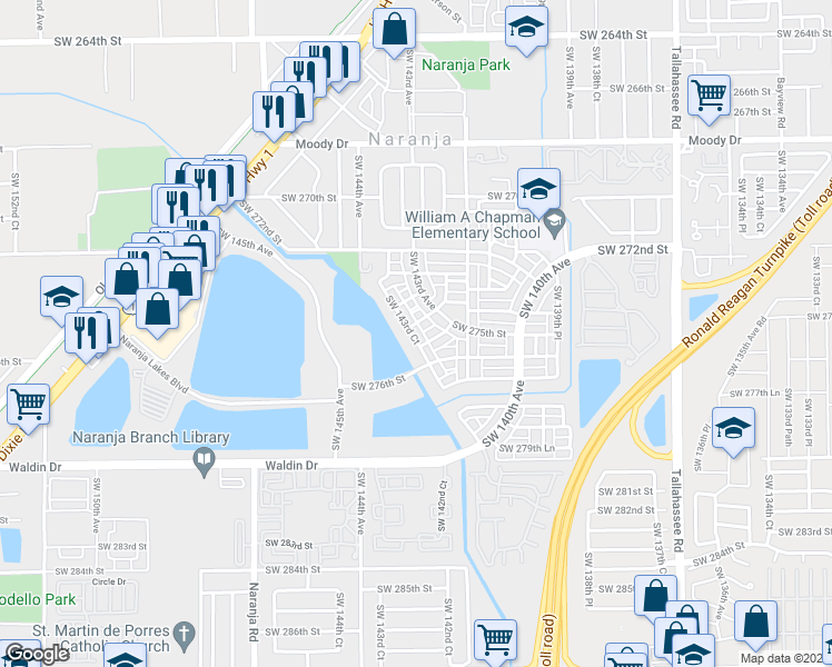 map of restaurants, bars, coffee shops, grocery stores, and more near 27517 Southwest 143rd Court in Homestead