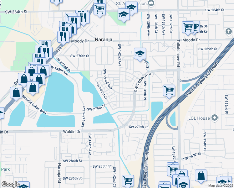 map of restaurants, bars, coffee shops, grocery stores, and more near 27450 Southwest 142nd Avenue in Naranja