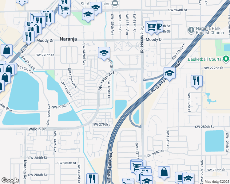 map of restaurants, bars, coffee shops, grocery stores, and more near 27460 Southwest 138th Path in Homestead