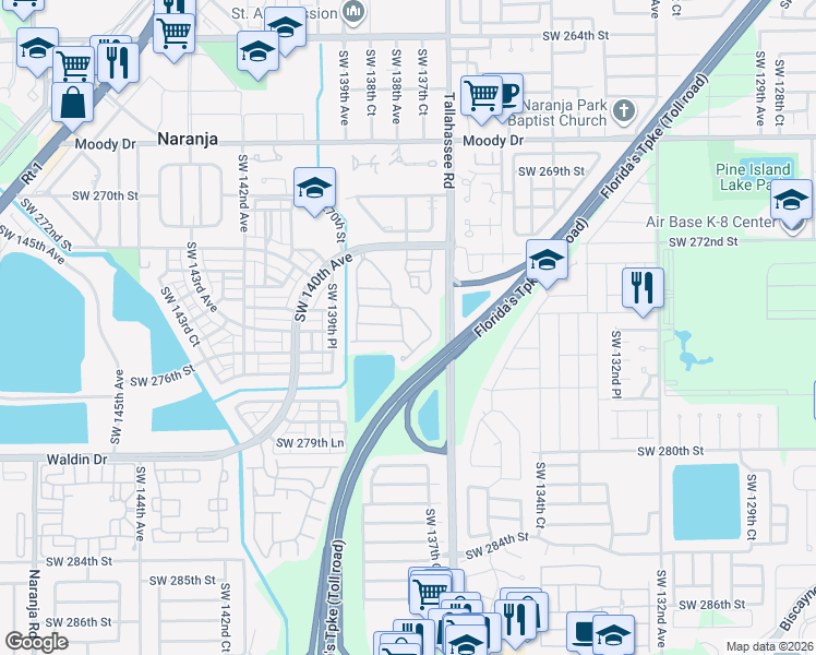 map of restaurants, bars, coffee shops, grocery stores, and more near 27463 Southwest 137th Court in Homestead