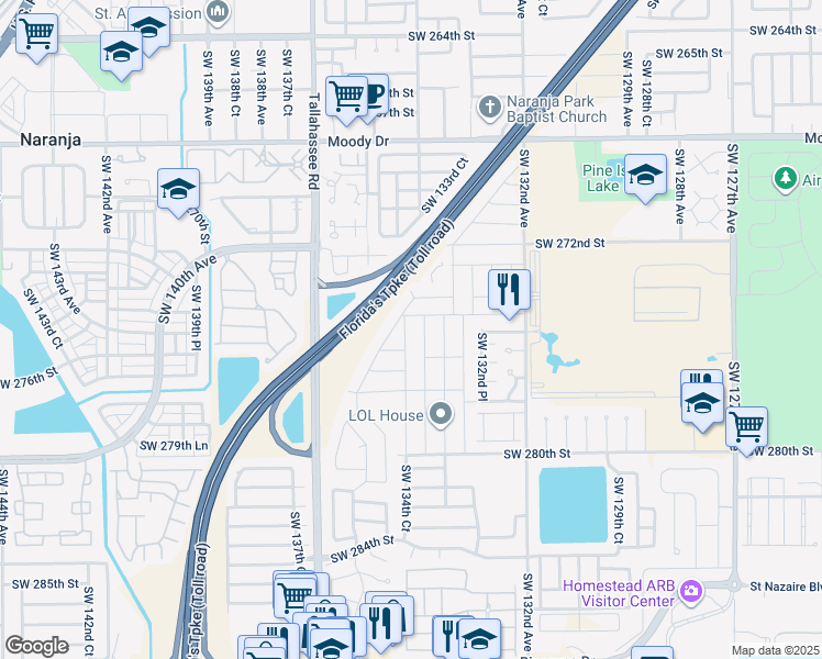 map of restaurants, bars, coffee shops, grocery stores, and more near 27471 Southwest 134th Court in Princeton